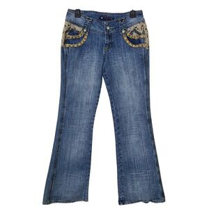 Vtg Y2K Vanilla Star Lace Studded Size 9 JR Flare Leg Jeans Rhinestone Low‎ Rise